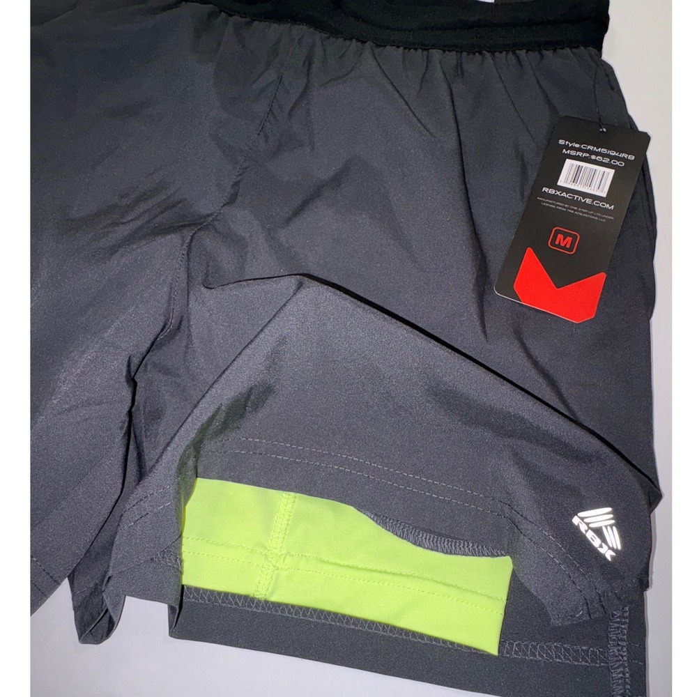 RBX Active Mens 5 Inch Running Shorts Charcoal Gray Lime Green Liner CRM5194RB M - Picture 3 of 7